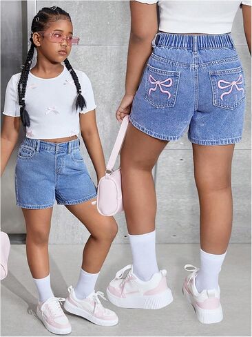 شورتات الدنيم الفتاة الفتاة Makemechic Bow Terbroidery Straining Bermuda Jean Shorts مع جيوب in Kuwait