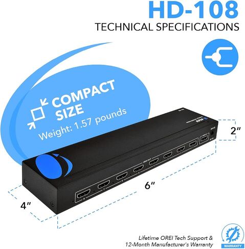 OREI 1x8 HDMI Extender Splitter 4K, Multiple Over Single Cable CAT6/7 4K@60Hz 4:4:4 HDCP 2.2 with IR Remote EDID Management - Up to 115 Ft - Loop Out - Low Latency - Full Support in Saudi Arabia