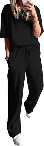 BTFBM 2 Piece Sets For Women Summer Short Sleeve Top Wide Leg Pants Casual Airport Travel Outfits Lounge Sets Tracksuits in Saudi Arabia