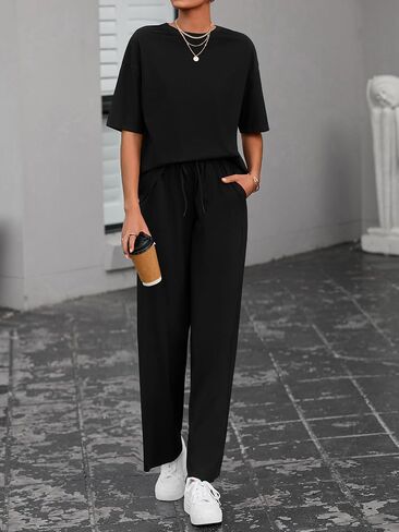 BTFBM 2 Piece Sets For Women Summer Short Sleeve Top Wide Leg Pants Casual Airport Travel Outfits Lounge Sets Tracksuits in Saudi Arabia