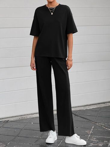 BTFBM 2 Piece Sets For Women Summer Short Sleeve Top Wide Leg Pants Casual Airport Travel Outfits Lounge Sets Tracksuits in Saudi Arabia