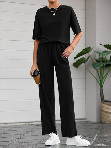 BTFBM 2 Piece Sets For Women Summer Short Sleeve Top Wide Leg Pants Casual Airport Travel Outfits Lounge Sets Tracksuits in Saudi Arabia