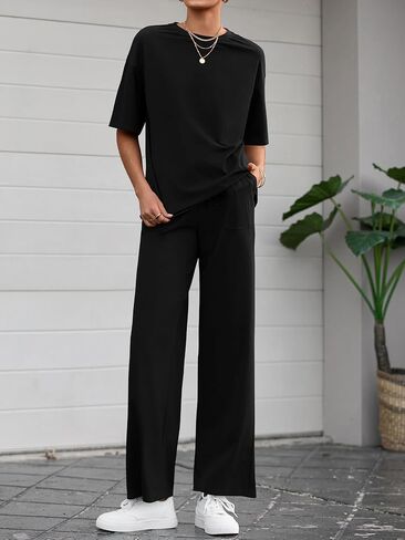 BTFBM 2 Piece Sets For Women Summer Short Sleeve Top Wide Leg Pants Casual Airport Travel Outfits Lounge Sets Tracksuits in Saudi Arabia