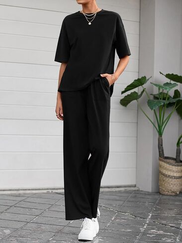 BTFBM 2 Piece Sets For Women Summer Short Sleeve Top Wide Leg Pants Casual Airport Travel Outfits Lounge Sets Tracksuits in Saudi Arabia