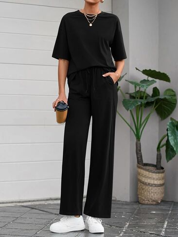 BTFBM 2 Piece Sets For Women Summer Short Sleeve Top Wide Leg Pants Casual Airport Travel Outfits Lounge Sets Tracksuits in Saudi Arabia