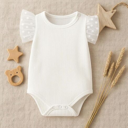 ROMPERINBOX Baby Girl Onsies Polka Dot Mesh Puff Sleeve Rib-Knit Short Sleeve Round Neck Bodysuit for 0-24 Months in Saudi Arabia