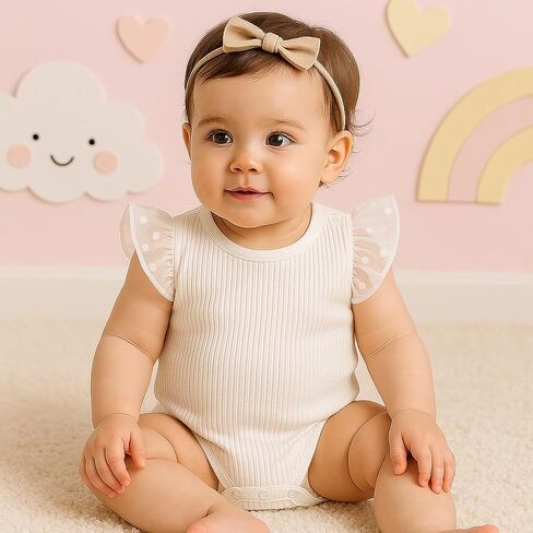 ROMPERINBOX Baby Girl Onsies Polka Dot Mesh Puff Sleeve Rib-Knit Short Sleeve Round Neck Bodysuit for 0-24 Months in Saudi Arabia