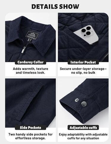 Tacvasen Men Winter Winter Quilted Casal Cargo Jacket Corduroy Collar Cotton Shacket مع جيوب زر للراحة والأناقة in Kuwait