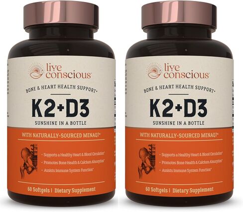 Live Conscious Vitamin K2 MK7 with D3 Supplement | Bone & Heart Health Support - Patented Vitamin K & Vitamin D3 5000 IU - 60 Softgels in Kuwait