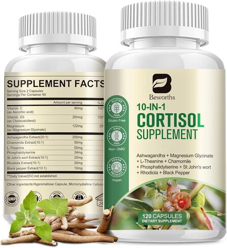 Cortisol Supplements, 10-In-1 Cortisol Reducer with Magnesium, Ashwagandha, L-Theanine, Rhodiola, Lower Cortisol for Women Men - Balanced Cortisol Levels for Stress Manage, Night Support, 120 Capsules in Kuwait