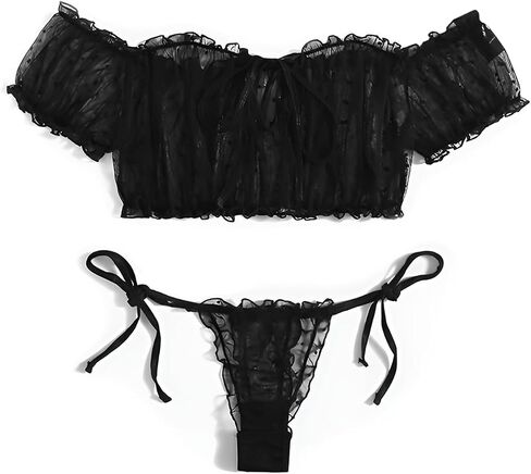 Lilosy Sexy Stretch Ruffle Tie Sheer Mesh Lingerie Set Outfits in Saudi Arabia