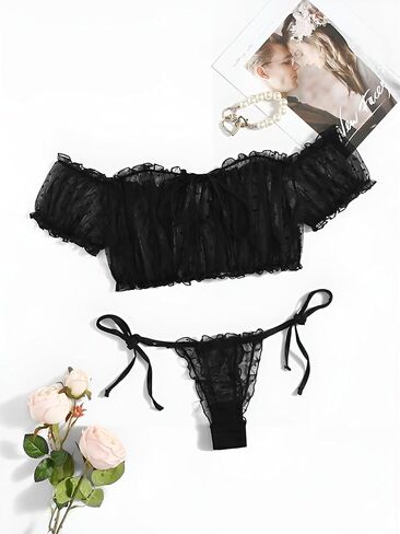 Lilosy Sexy Stretch Ruffle Tie Sheer Mesh Lingerie Set Outfits in Saudi Arabia