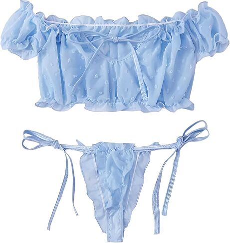 Lilosy Sexy Stretch Ruffle Tie Sheer Mesh Lingerie Set Outfits in Saudi Arabia