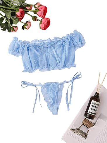 Lilosy Sexy Stretch Ruffle Tie Sheer Mesh Lingerie Set Outfits in Saudi Arabia