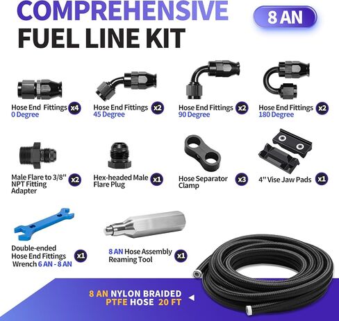 6AN PTFE Fuel Line Kit, AN6 E85 Nylon Braided PTFE Fuel Line Hose 30FT With 6AN Hose End Fittings Straight/45/90/180 Degree and Hose Fittings Adapters in Saudi Arabia