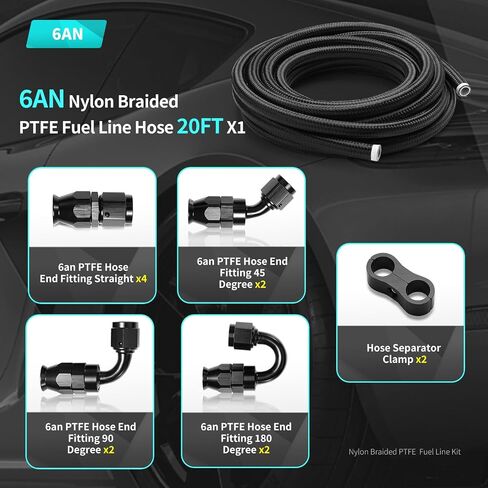 6AN PTFE Fuel Line Kit, AN6 E85 Nylon Braided PTFE Fuel Line Hose 30FT With 6AN Hose End Fittings Straight/45/90/180 Degree and Hose Fittings Adapters in Saudi Arabia