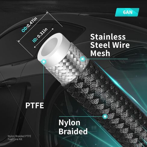 6AN PTFE Fuel Line Kit, AN6 E85 Nylon Braided PTFE Fuel Line Hose 30FT With 6AN Hose End Fittings Straight/45/90/180 Degree and Hose Fittings Adapters in Saudi Arabia