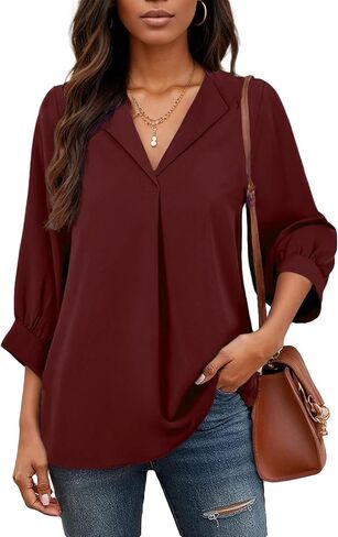 3/4 Sleeve V Neck Shirts for Women Plus Size Casual Loose Fit T-Shirt Trendy Comfy Cute Blouse with Collar in Saudi Arabia
