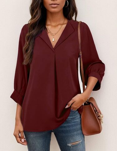 3/4 Sleeve V Neck Shirts for Women Plus Size Casual Loose Fit T-Shirt Trendy Comfy Cute Blouse with Collar in Saudi Arabia