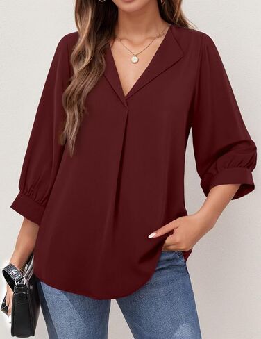 3/4 Sleeve V Neck Shirts for Women Plus Size Casual Loose Fit T-Shirt Trendy Comfy Cute Blouse with Collar in Saudi Arabia
