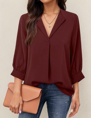 3/4 Sleeve V Neck Shirts for Women Plus Size Casual Loose Fit T-Shirt Trendy Comfy Cute Blouse with Collar in Saudi Arabia