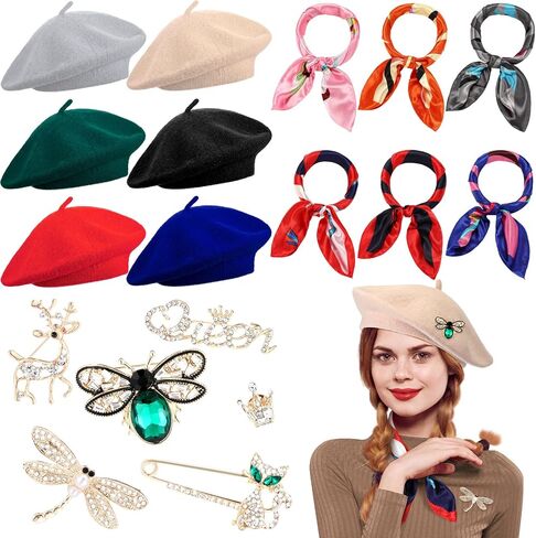 18 PCS BERET HAPS للنساء مع بروش وشاح الحرير ، الصوف الفنان الفنان الفنان الفنان القبعة القبعة القبعة الصلبة للهدية in Kuwait