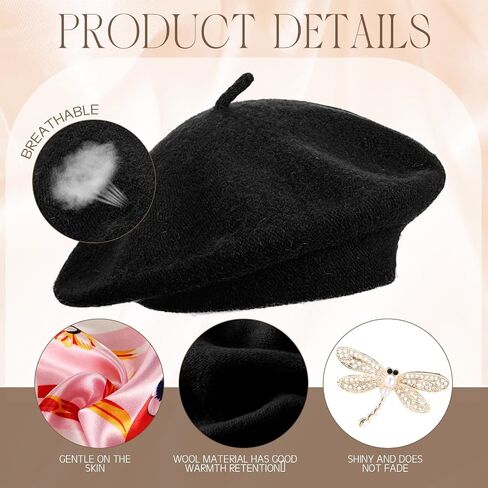 18 PCS BERET HAPS للنساء مع بروش وشاح الحرير ، الصوف الفنان الفنان الفنان الفنان القبعة القبعة القبعة الصلبة للهدية in Kuwait