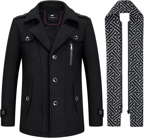 Lamgool Men's Winter Mid Length Wool Blend Coat Single Breasted Peacoat with Removable Scarf in Kuwait