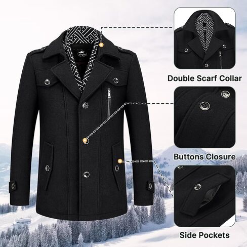 Lamgool Men's Winter Mid Length Wool Blend Coat Single Breasted Peacoat with Removable Scarf in Kuwait