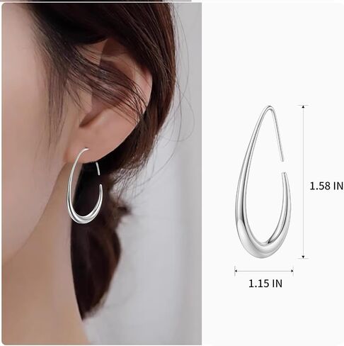 Delicate Teardrop Hoop Earrings for Women - 18k Gold Plated Large Oval Pull-Through Hoops, High Polished Statement Jewelry Gift in Saudi Arabia