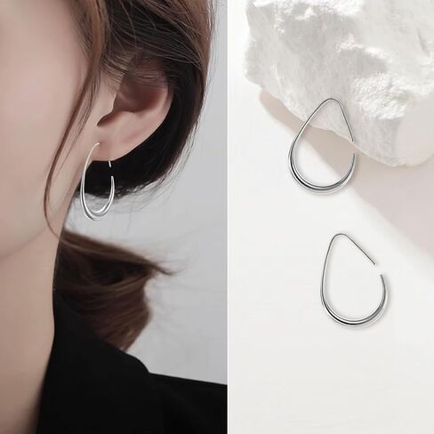 Delicate Teardrop Hoop Earrings for Women - 18k Gold Plated Large Oval Pull-Through Hoops, High Polished Statement Jewelry Gift in Saudi Arabia