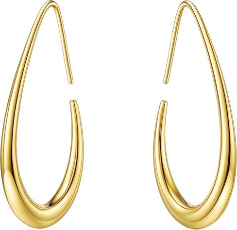 Delicate Teardrop Hoop Earrings for Women - 18k Gold Plated Large Oval Pull-Through Hoops, High Polished Statement Jewelry Gift in Saudi Arabia