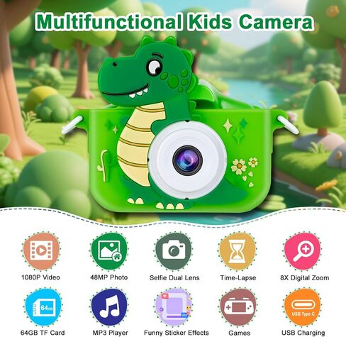 Kids Camera, Digital Camera for Girls with 64G SD Card, 48 MP HD 1080P IPS Screen Dual Selfie Digital Toddler Video Camera Toy for Kids, Great Christmas Birthday Gift for Boys and Girls in Kuwait