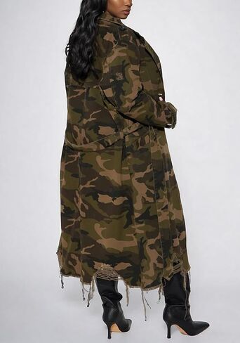 Vakkest Women's Camo Long Trench Coat Long Sleeve Classic Lapel Button Distressed Army Fatigue Jacket Overcoat with Belt in Saudi Arabia