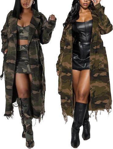 Vakkest Women's Camo Long Trench Coat Long Sleeve Classic Lapel Button Distressed Army Fatigue Jacket Overcoat with Belt in Saudi Arabia