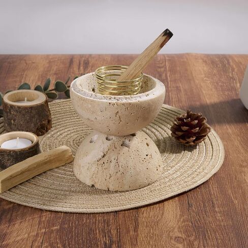 Handmade Travertine Stone Incense Resin Burner Holder – Natural Stone Incense Burner with Brass Insert for Home Decor & Relaxation in Saudi Arabia