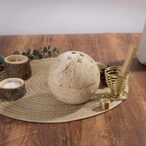 Handmade Travertine Stone Incense Resin Burner Holder – Natural Stone Incense Burner with Brass Insert for Home Decor & Relaxation in Saudi Arabia