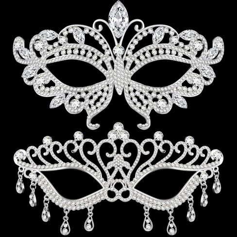 Chivao 2 Pcs Rhinestone Masquerade Mask for Women Men Couple Diamond Venetian Crown Mask Crystal Lace Prom Halloween Party in Saudi Arabia