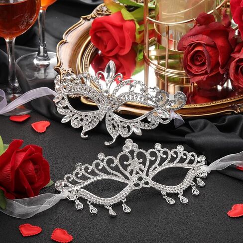 Chivao 2 Pcs Rhinestone Masquerade Mask for Women Men Couple Diamond Venetian Crown Mask Crystal Lace Prom Halloween Party in Saudi Arabia
