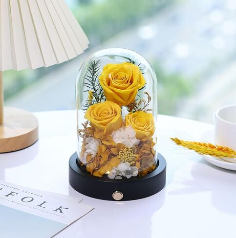 Flowers for Delivery, 3 Yellow Forever Roses in Glass Dome with LED, Preserved Real Rose, Valentines Day Anniversary Birthday Mothers Day Flower Gifts for Mom Her Women Wife Mother in Kuwait