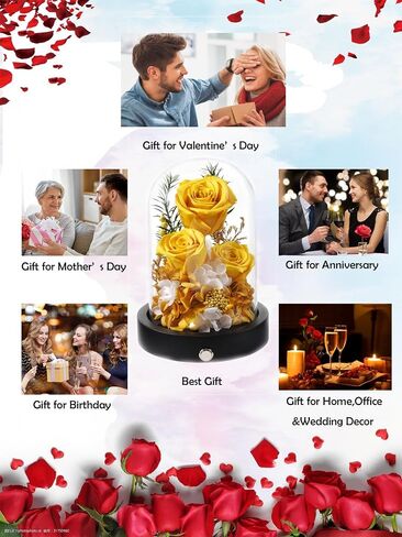 Flowers for Delivery, 3 Yellow Forever Roses in Glass Dome with LED, Preserved Real Rose, Valentines Day Anniversary Birthday Mothers Day Flower Gifts for Mom Her Women Wife Mother in Kuwait