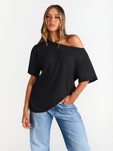 Trendy Queen Womens Off The Shoulder Tops Oversized T-Shirts Short Sleeve Tees Summer 2025 Casual Spring Fashion Clothes in Kuwait
