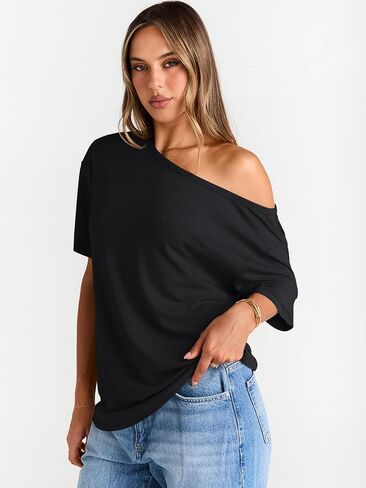 Trendy Queen Womens Off The Shoulder Tops Oversized T-Shirts Short Sleeve Tees Summer 2025 Casual Spring Fashion Clothes in Kuwait