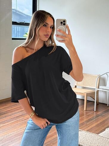 Trendy Queen Womens Off The Shoulder Tops Oversized T-Shirts Short Sleeve Tees Summer 2025 Casual Spring Fashion Clothes in Kuwait