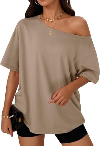 Trendy Queen Womens Off The Shoulder Tops Oversized T-Shirts Short Sleeve Tees Summer 2025 Casual Spring Fashion Clothes in Kuwait
