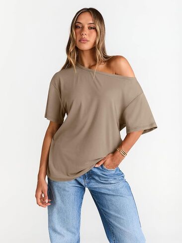 Trendy Queen Womens Off The Shoulder Tops Oversized T-Shirts Short Sleeve Tees Summer 2025 Casual Spring Fashion Clothes in Kuwait