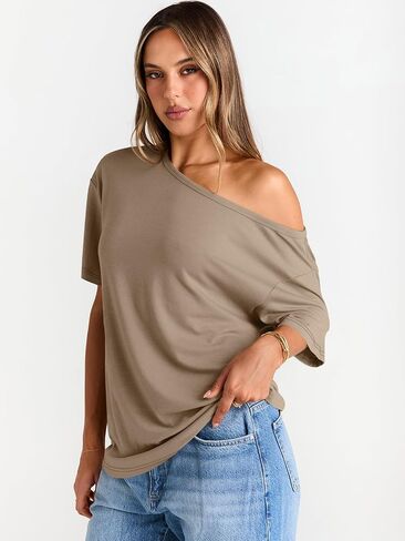 Trendy Queen Womens Off The Shoulder Tops Oversized T-Shirts Short Sleeve Tees Summer 2025 Casual Spring Fashion Clothes in Kuwait