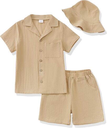 Boys Summer Clothes Linen Button Down Shirts And Short Set Big Kid Beach Vacation Short Sleeve Outfits With Hat in Kuwait