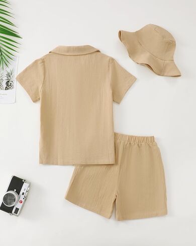 Boys Summer Clothes Linen Button Down Shirts And Short Set Big Kid Beach Vacation Short Sleeve Outfits With Hat in Kuwait