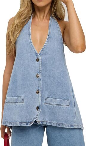 Kedera Women's Tie Up Denim Vest Button Down Backless Denim Tank Top V Neck Sexy Loose Fashion Cropped Vest in Kuwait